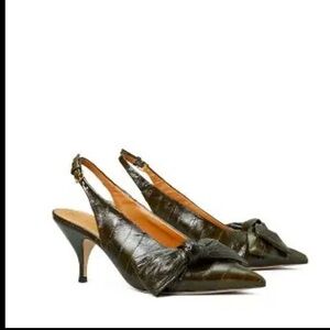 Tory Burch‎ Olive Green 70mm Slingback Heels Bow Sz 7.5 Worn Once Eel Leather